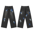 Chrome Hearts Grey & Blue Leather Cross Patches Jeans