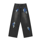 Chrome Hearts Grey & Blue Leather Cross Patches Jeans