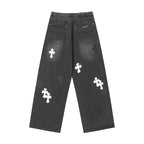 Chrome Hearts White & Black Leather Cross Patches Jeans