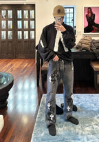 Chrome Hearts Black & White Cross Patch Flame Knee Jeans