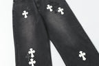 Chrome Hearts White & Black Leather Cross Patches Jeans