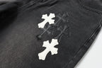 Chrome Hearts White & Black Leather Cross Patches Jeans